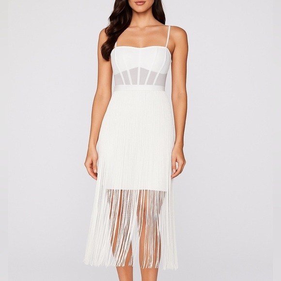 BCBGMaxAzria Dresses & Skirts - BCBGMaxAzria White Fringe Corset Midi Sheath Dress 14 Off-White Cocktail NWT